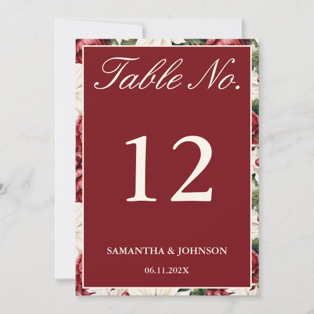 Modern Burgundy Ivory Floral Wedding Table Number (Front)