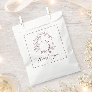 Modern Burgundy Leafy Crest Monogram Wedding Favour Bag