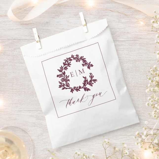 Modern Burgundy Leafy Crest Monogram Wedding Favour Bag (Clipped)