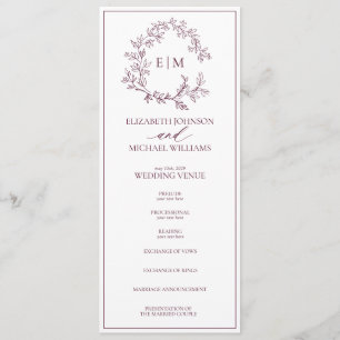 Modern Burgundy Leafy Crest Monogram Wedding Program