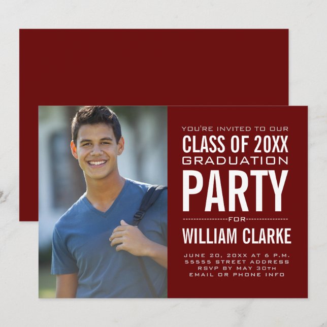 Modern Burgundy Male Grad Graduation Party Invitation (Front/Back)