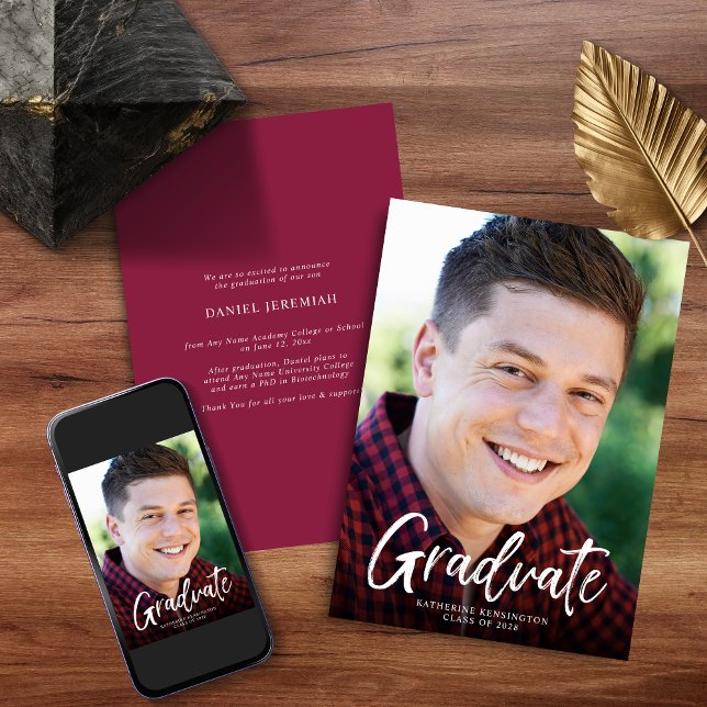 Modern Burgundy Maroon Photo Graduation Announcement (Modern Burgundy Maroon Photo Graduation Announcement with Instant download)