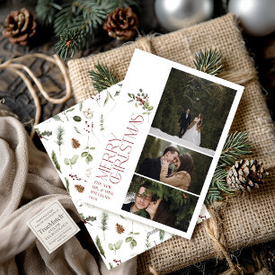 Modern Burgundy Merry Christmas Typography 3 Photo Holiday Card