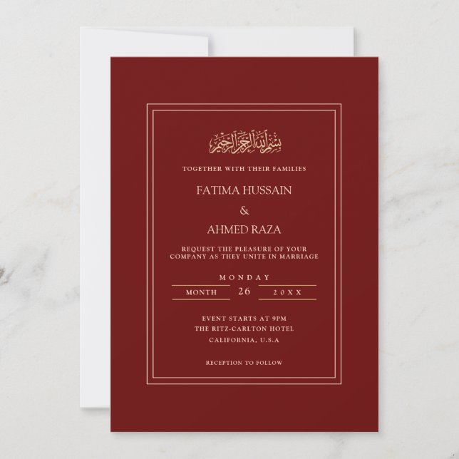 Modern Burgundy Minimal Gold Script Muslim Wedding Invitation (Front)