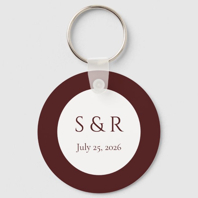 Modern Burgundy Minimal Monogram Wedding Favour  Keychain (Front)