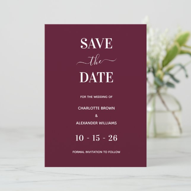 Modern Burgundy Minimal Save The Date (Standing Front)