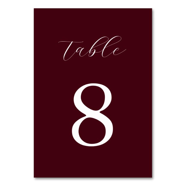 Modern Burgundy Minimalist Wedding  Table Number (Front)