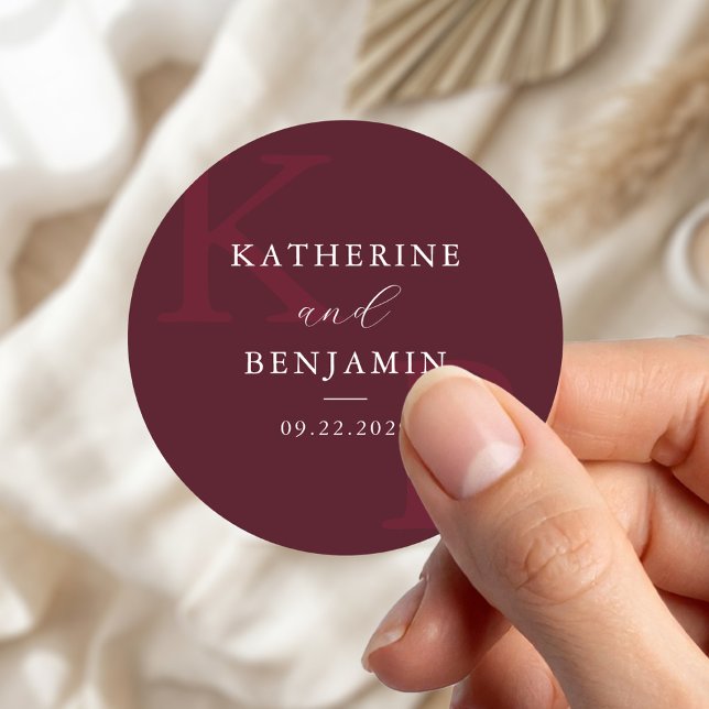Modern Burgundy Monogram Minimalist Wedding Classic Round Sticker (Creator Uploaded)