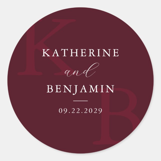 Modern Burgundy Monogram Minimalist Wedding Classic Round Sticker (Front)