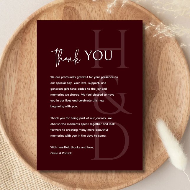 Modern Burgundy Monogram Minimalist Wedding Thank You Card (Creator Uploaded)
