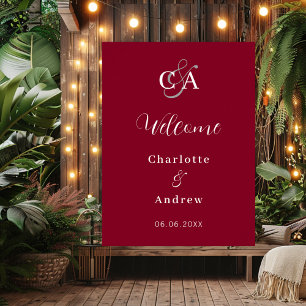 Modern burgundy monogrammed wedding welcome sign