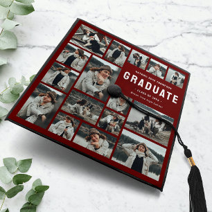 Modern Burgundy Multi Photo Graduation Cap Topper