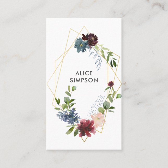 Modern Burgundy Navy Blue Floral Geometric Business Card (Front)