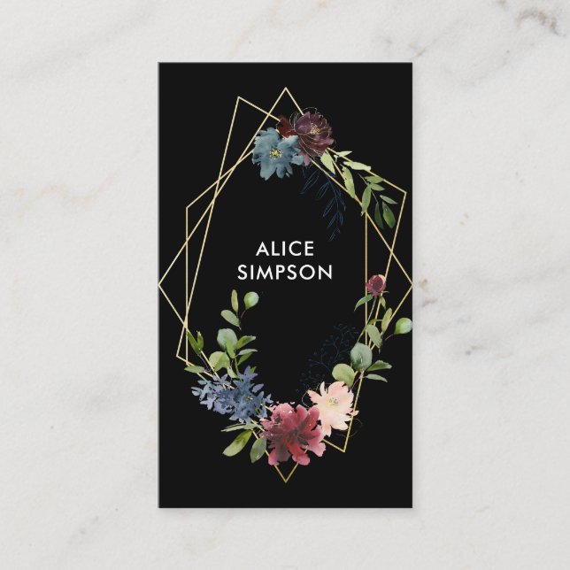 Modern Burgundy Navy Blue Floral Geometric Business Card (Front)