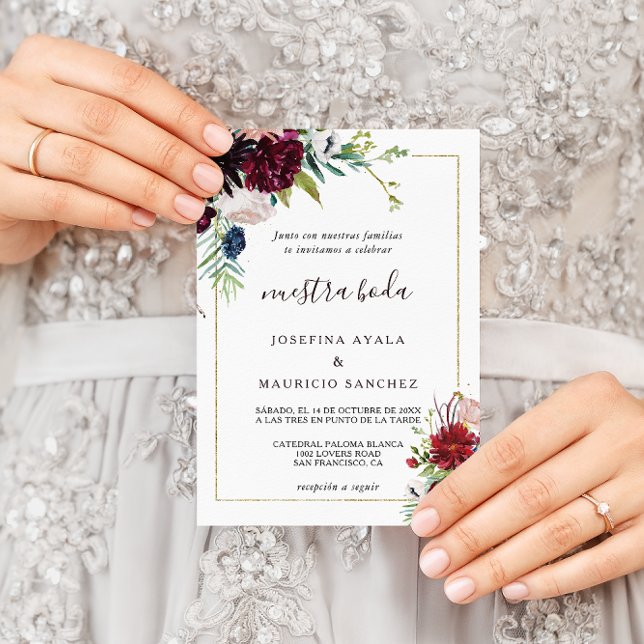 Modern Burgundy Navy Blush Floral Spanish Wedding Invitation (Creator Uploaded)