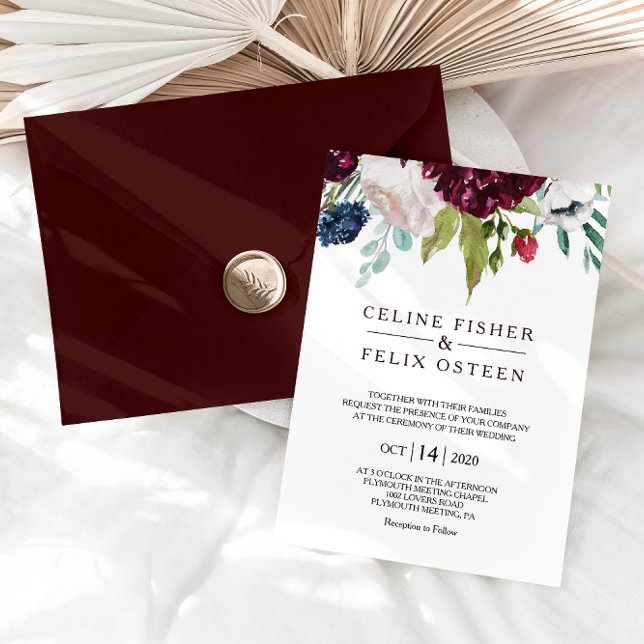 Modern Burgundy Navy Blush Floral Wedding Invitation (Creator Uploaded)
