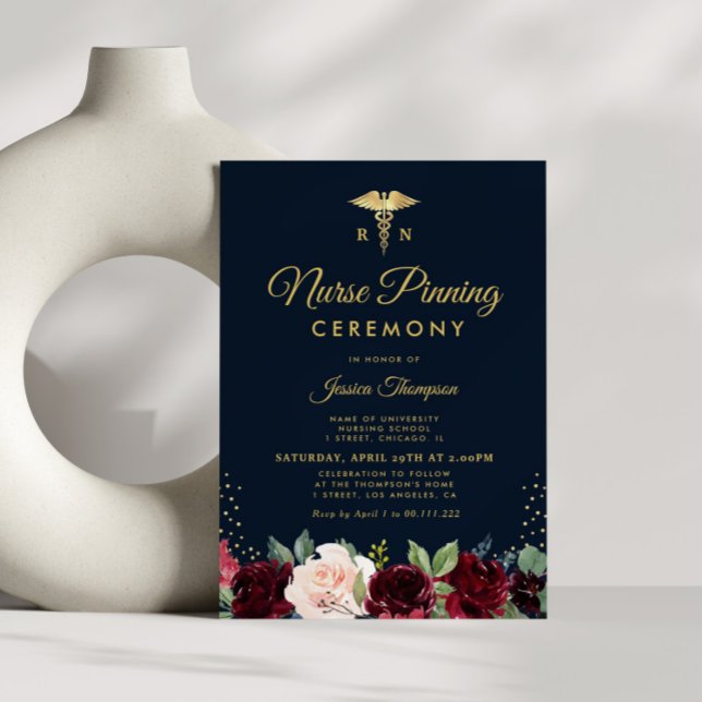 Modern burgundy navy floral Nurse pinning ceremony Invitation (Creator Uploaded)
