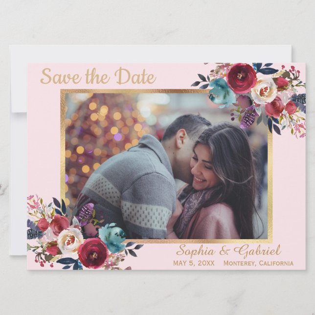 Modern Burgundy Navy Floral on Pink Save the Date (Front)