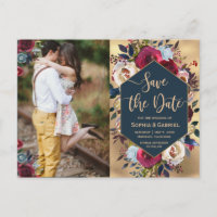 Modern Burgundy Navy Floral Photo Save the Date