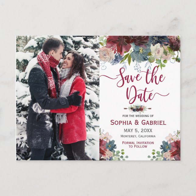 Modern Burgundy Navy Floral Save the Date Photo Announcement Postcard (Front)