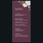 Modern Burgundy Peonies Wedding Menu Card<br><div class="desc">Introducing the Modern Peony Wedding Collection's Wedding Menu Card, a perfect addition to your wedding table decor. This elegant card features a burgundy background with burgundy, white, and cream-coloured roses, adding a touch of sophistication to your wedding. The bohemian-inspired font adds a unique and stylish flair to the design, making...</div>