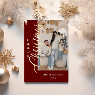 Modern Burgundy Photo Christmas Greeting Gold Foil Holiday Card