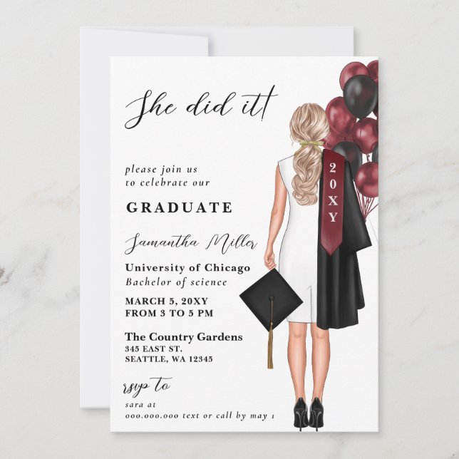 Modern Burgundy Photo She Did It Graduation Invitation (Front)