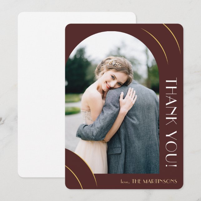 Modern Burgundy Photo Wedding Thank You Card (Front/Back)