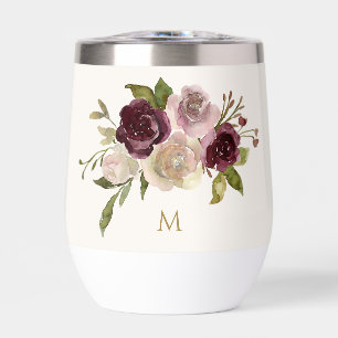 Modern Burgundy Pink Floral Watercolor Monogram