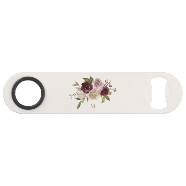 Modern Burgundy Pink Floral Watercolor Monogram Bar Key (Front (Horizontal))