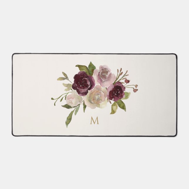 Modern Burgundy Pink Floral Watercolor Monogram Desk Mat (Front)