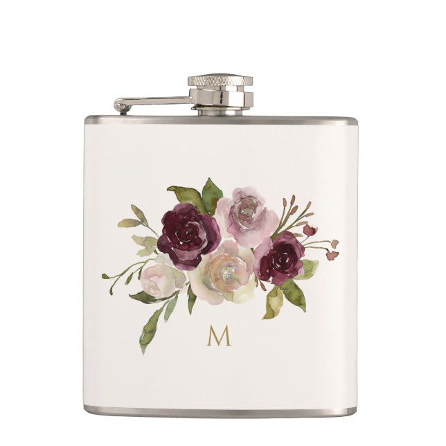 Modern Burgundy Pink Floral Watercolor Monogram Hip Flask (Front)