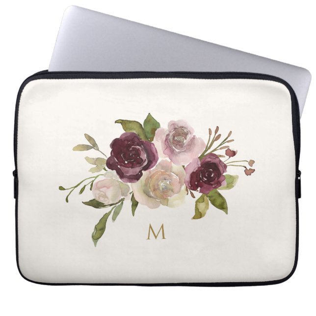 Modern Burgundy Pink Floral Watercolor Monogram Laptop Sleeve (Front)