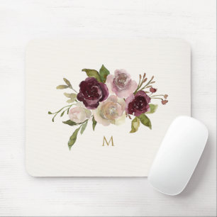 Modern Burgundy Pink Floral Watercolor Monogram Mouse Pad