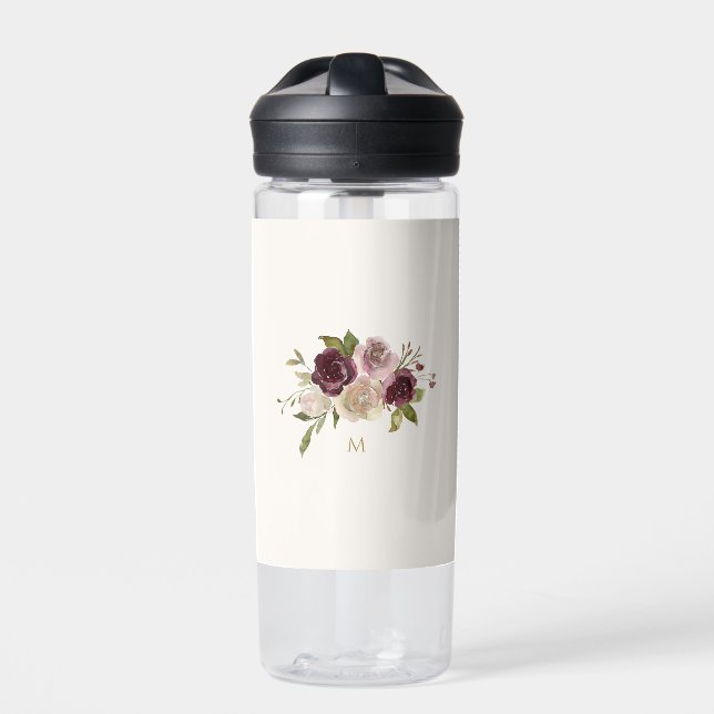 Modern Burgundy Pink Floral Watercolor Monogram Water Bottle (Front)