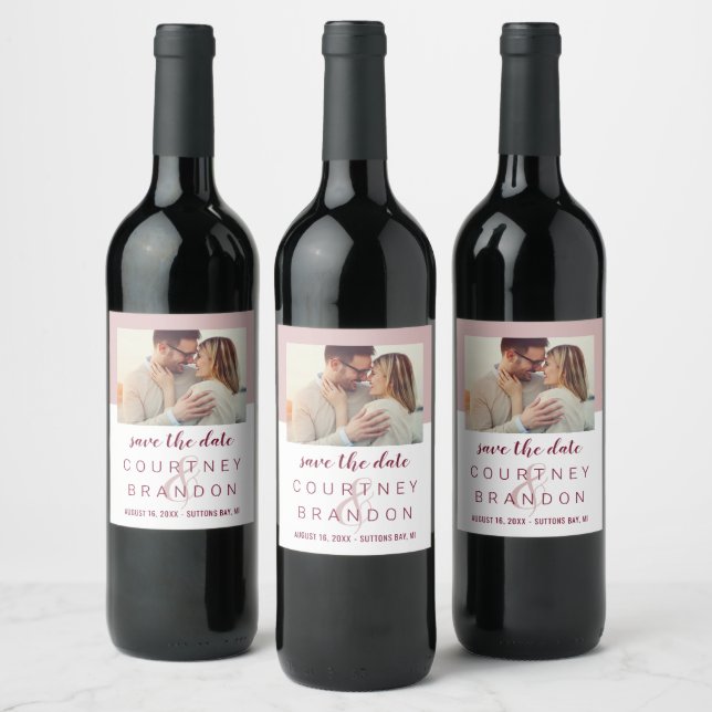 Modern Burgundy Pink Wedding Photo Save the Date Wine Label (Bottles)