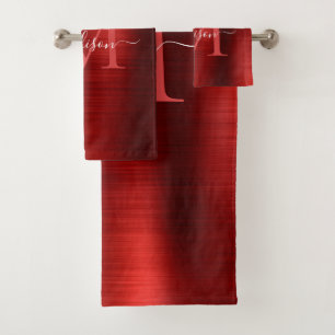 Modern Burgundy Red Brushed Metal Monogram Script Bath Towel Set