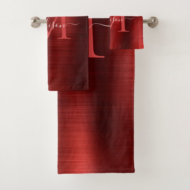 Modern Burgundy Red Brushed Metal Monogram Script Bath Towel Set (Insitu)
