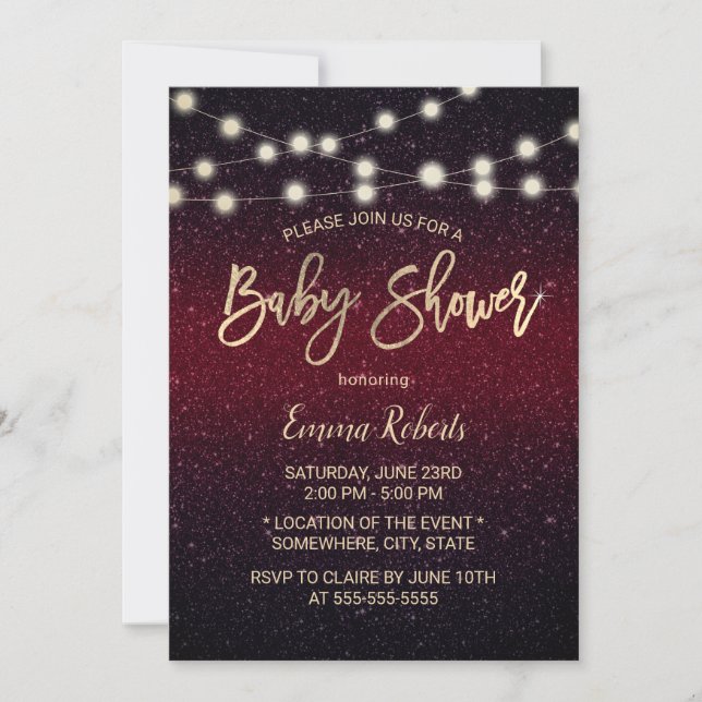 Modern Burgundy Red Faux Glitter Baby Shower Invitation (Front)