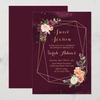 Modern Burgundy Red Floral Watercolor Sweet 16 Invitation