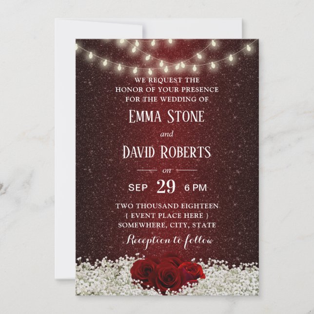 Modern Burgundy Red Glitter Rose Floral Wedding Invitation (Front)