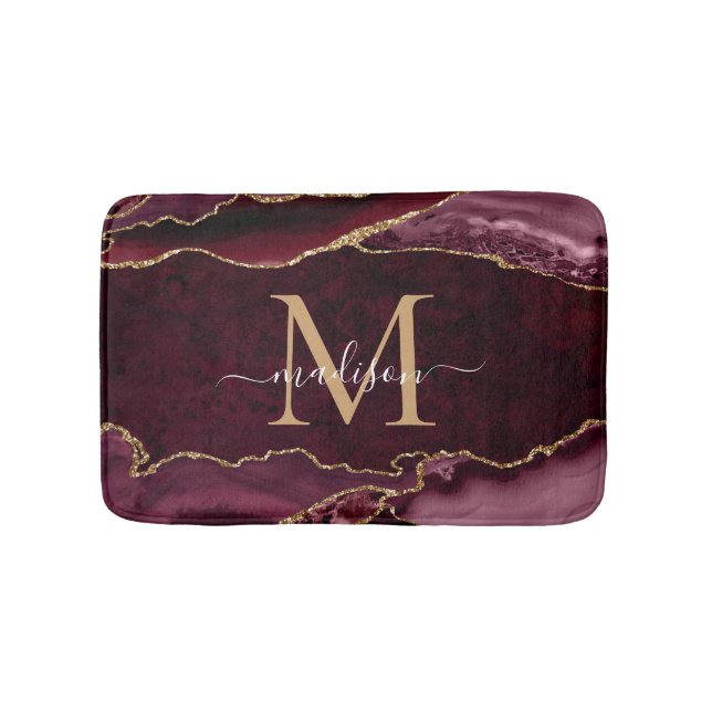 Modern Burgundy Red Gold Agate Geode Chic Monogram Bath Mat (Front)