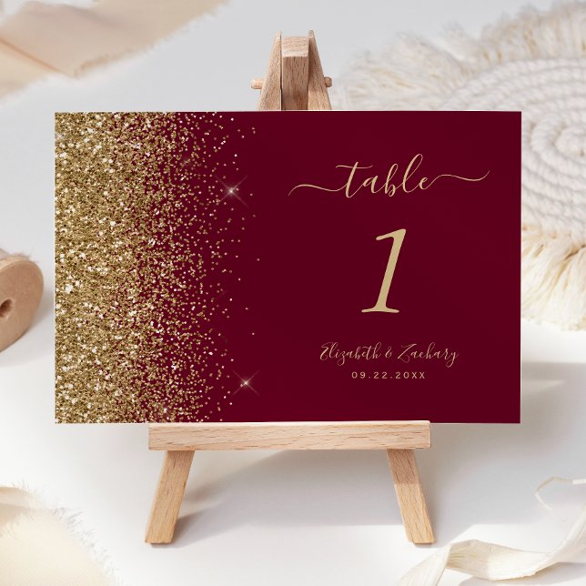 Modern Burgundy Red Gold Glitter Edge Wedding Table Number (Creator Uploaded)