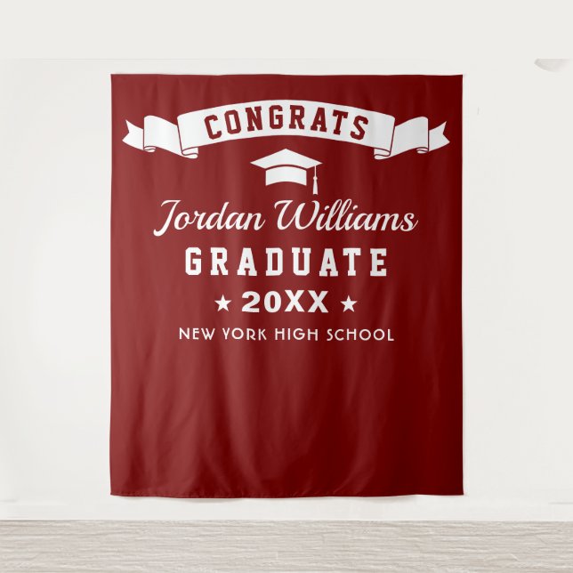 Modern Burgundy Red Graduation Photo Prop Backdrop Tapestry (Front)