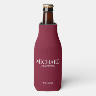 Modern Burgundy Red Personalized Groomsman Bottle Cooler
