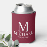 Modern Burgundy Red Personalized Groomsman Can Cooler<br><div class="desc">Modern Personalized Groomsman Gifts
featuring personalized monogram,  groomsman's name and title in white classic serif font style on burgundy red background.

Also perfect for Best Man,  Father of the Bride and more.</div>