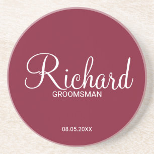 Modern Burgundy Red Personalized Groomsman Coaster