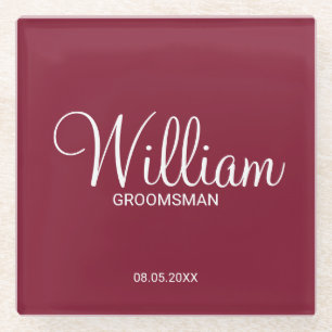 Modern Burgundy Red Personalized Groomsman Glass Coaster