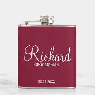 Modern Burgundy Red Personalized Groomsman Hip Flask