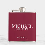 Modern Burgundy Red Personalized Groomsman Hip Flask<br><div class="desc">Modern Personalized Groomsman Gifts
featuring personalized groomsman's name,  title and wedding date in white classic serif font style on burgundy red background.

Also perfect for Best Man,  Father of the Bride and more.</div>